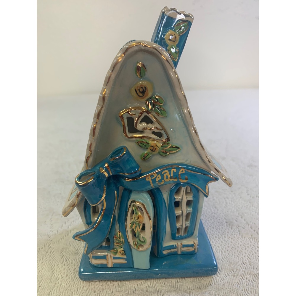 Blue Sky Clayworks Heather Goldminc Peace House Tea Light Holder with Base Rare